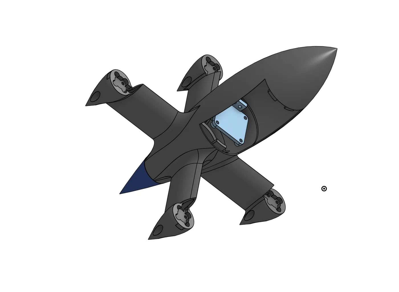 Onshape CAD model of the first drone revision with the central component compartment visible